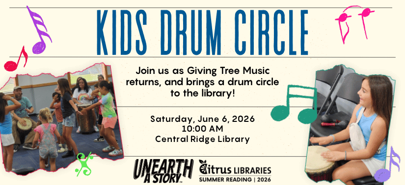 kids drum circle. Join us as Giving Tree Music returns, and brings a drum circle to the library! Saturday, June 6, 2026 10:00 AM Central Ridge Library