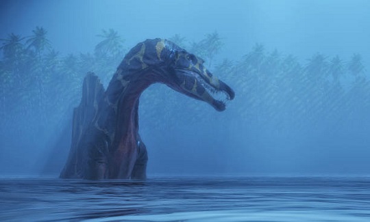 3d render of a Spinosaurus in a lake.