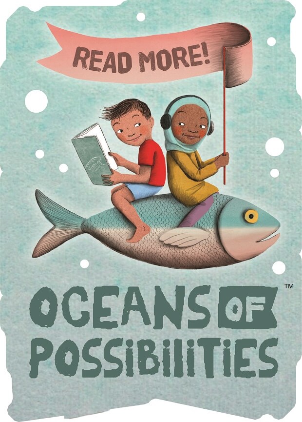 Children Oceans of Possibilities Children reading on fish and holding "Read More" Sign under" Oceans of Possibilities"