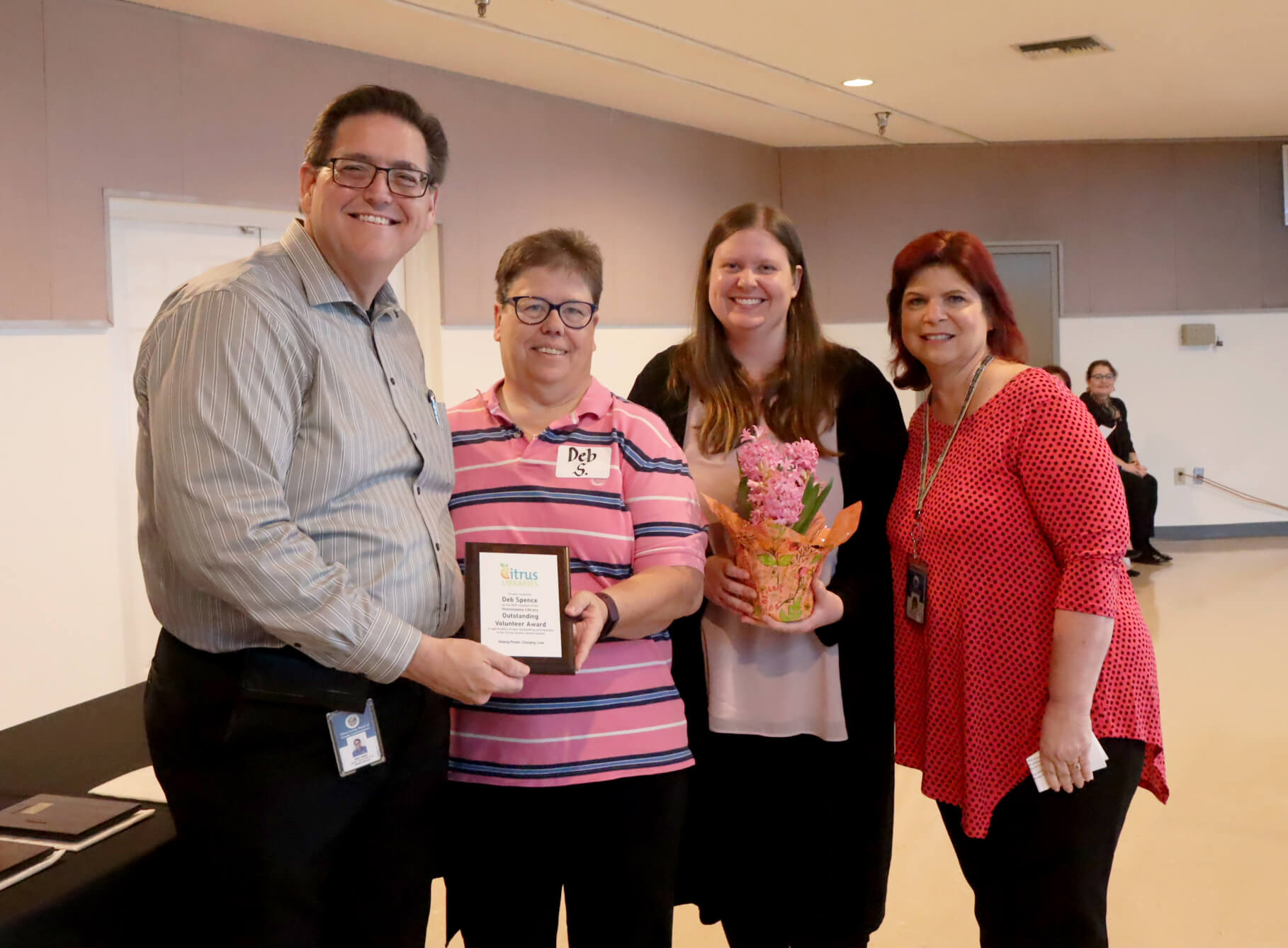 Library Director, Eric Head; Outstanding Volunteer award winner, Deb Spence; Homosassa Library Customer Service Specialist, Kelly Lee Tremblay & Branch Supervisor Reneé Thompson