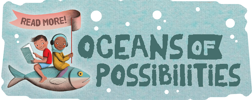 Oceans of Possibilities 2022 Boy reading on swimming fish, girl holding Read More banner left of Ocean of Possibilities slogan