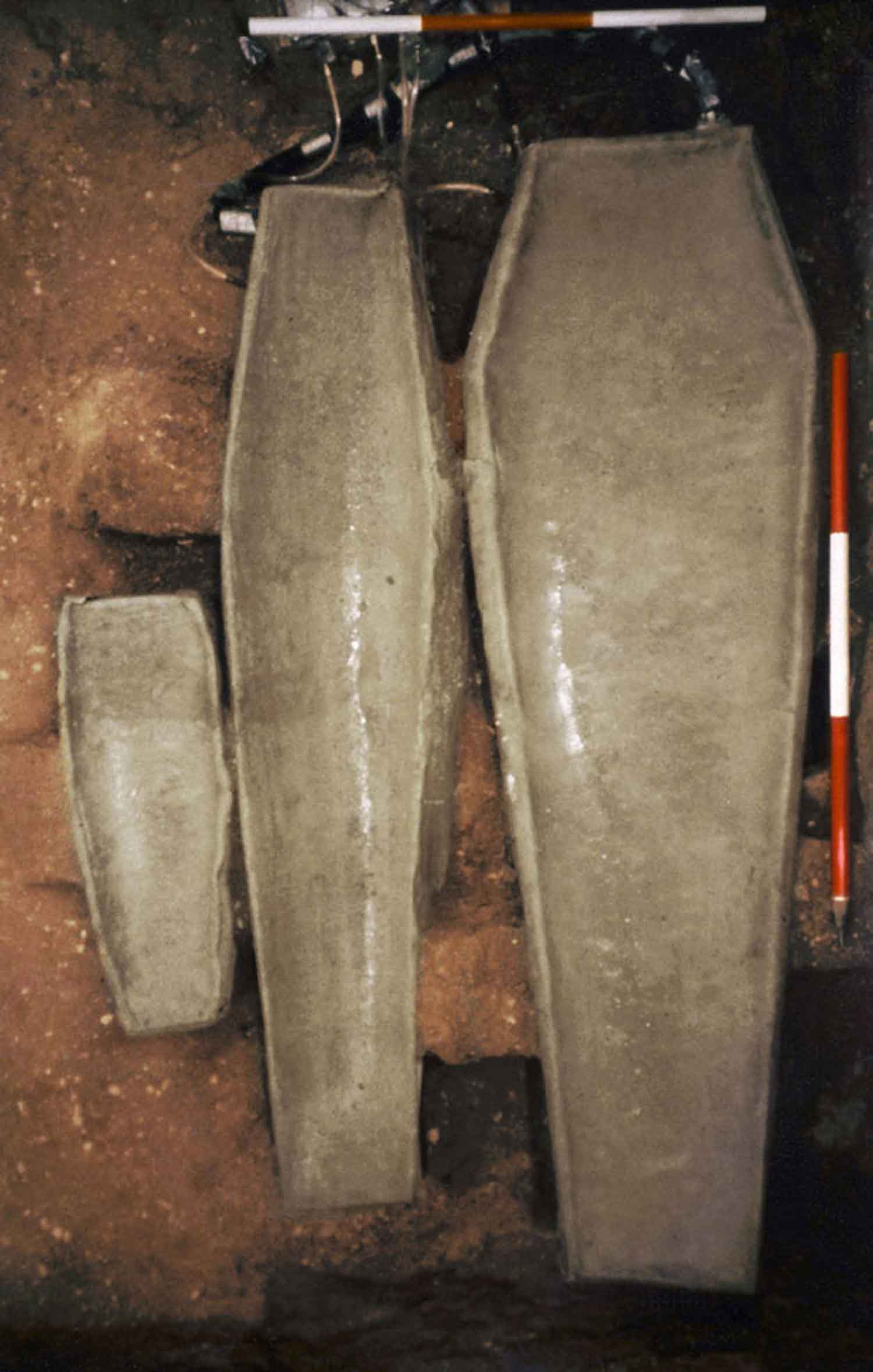 3 Lead Coffins Three Lead coffins uncovered in a digsite