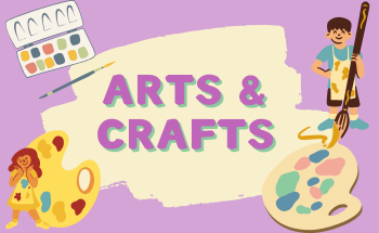 Arts and Crafts Purple imagine with art supplies and text "Arts and Crafts"