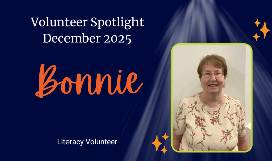 Volunteer Spotlight December 2025, Bonnie, a Literacy Volunteer.