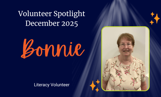 Volunteer Spotlight December 2025, Bonnie, a Literacy Volunteer.