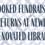 Text "BOOKED Fundraiser Returns at Newly Renovated Library" on a blue watercolor trellis background