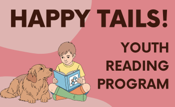 Happy Tails! - Youth Reading Program. Child reading to therapy dog.