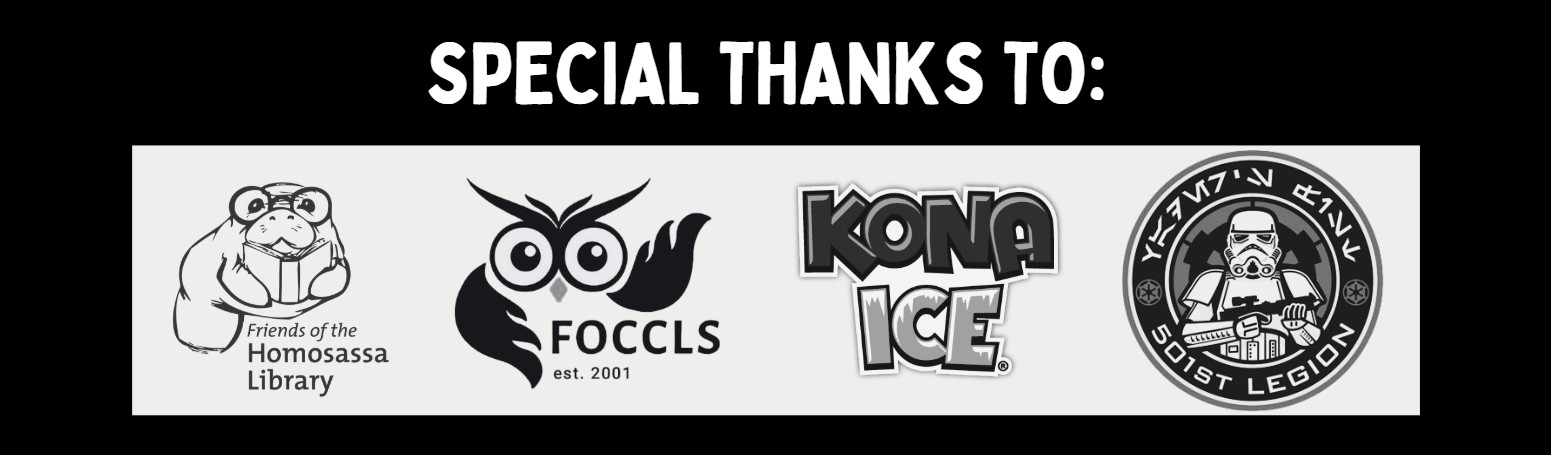 pecial Thanks to: The Homosassa Friends of the Library, Friends of the Citrus County Library System, Kona Ice, Star Wars 501st Legion A series of 4 logos on a dark background with text "Special Thanks to: The Homosassa Friends of the Library, Friends of the Citrus County Library System, Kona Ice, Star Wars 501st Legion"