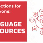 Outline of a the world and different language word bubbles with text on red background "Collections for Everyone: Language Resources"